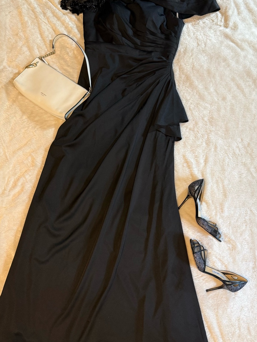 Asymmetric One-Shoulder Black Evening Gown with Embroidered Shoulder - Picture 2 of 8